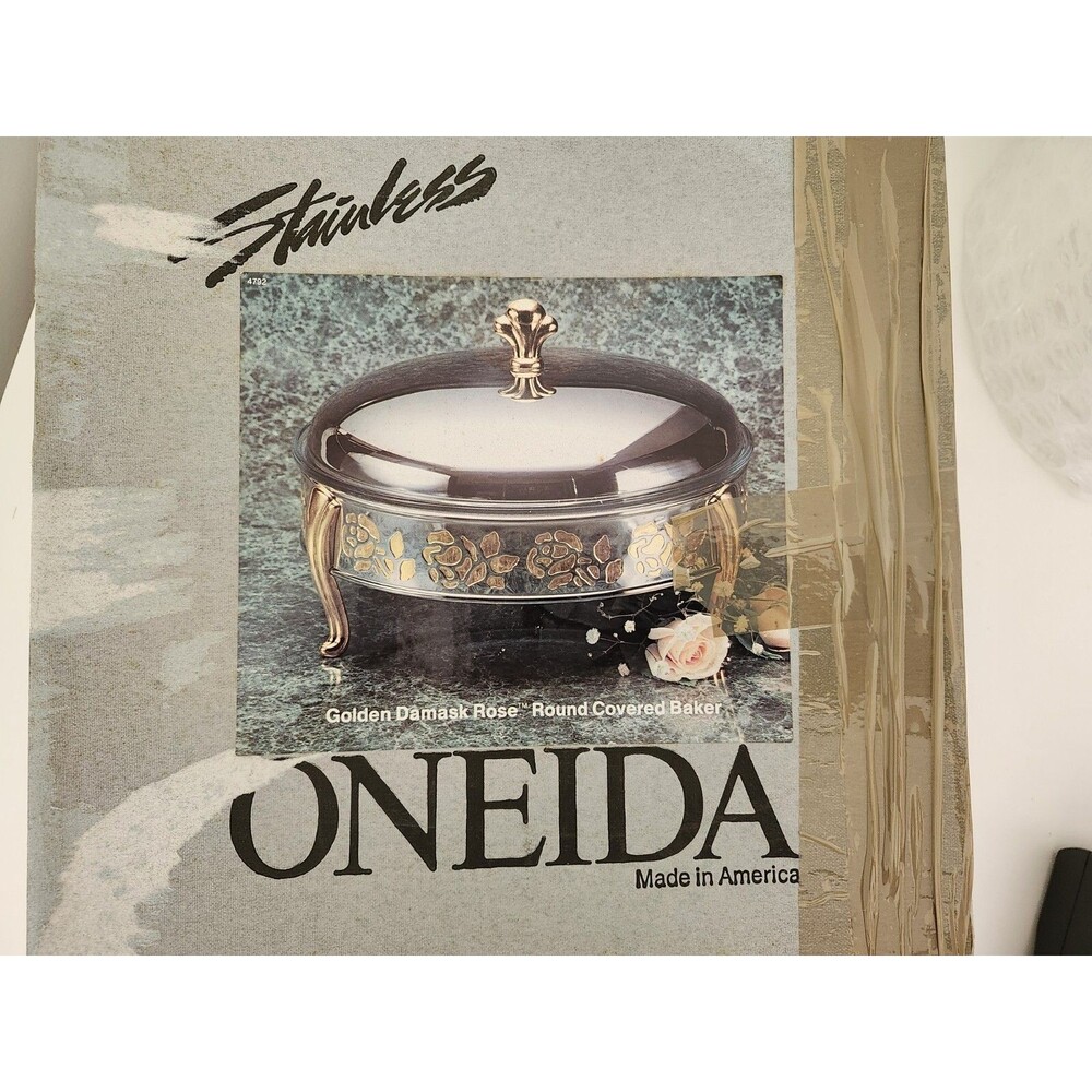 Vintage Oneida Stainless Steel Gold Damask Rose Covered Baker with glass liner